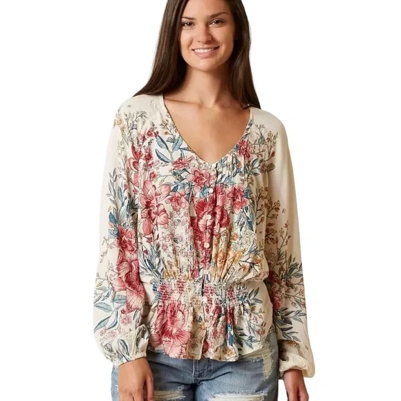 Billabong Play Day Women Cream Floral Long Sleeve Scoop Neck Crinkle Top Sz Sm - Picture 1 of 15